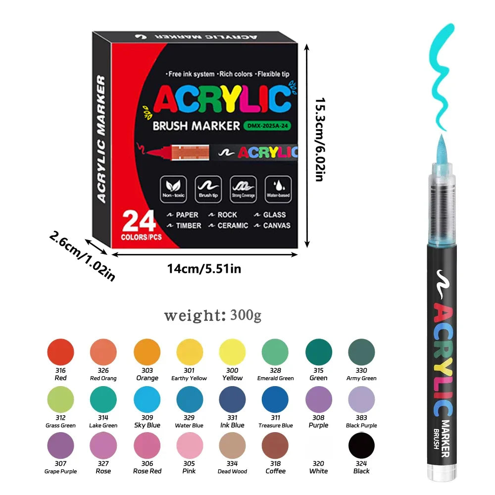 12/24/36/48/60-Color Acrylic Brush Paint Markers - Soft Brush Tip for Canvas, Stone & DIY Art