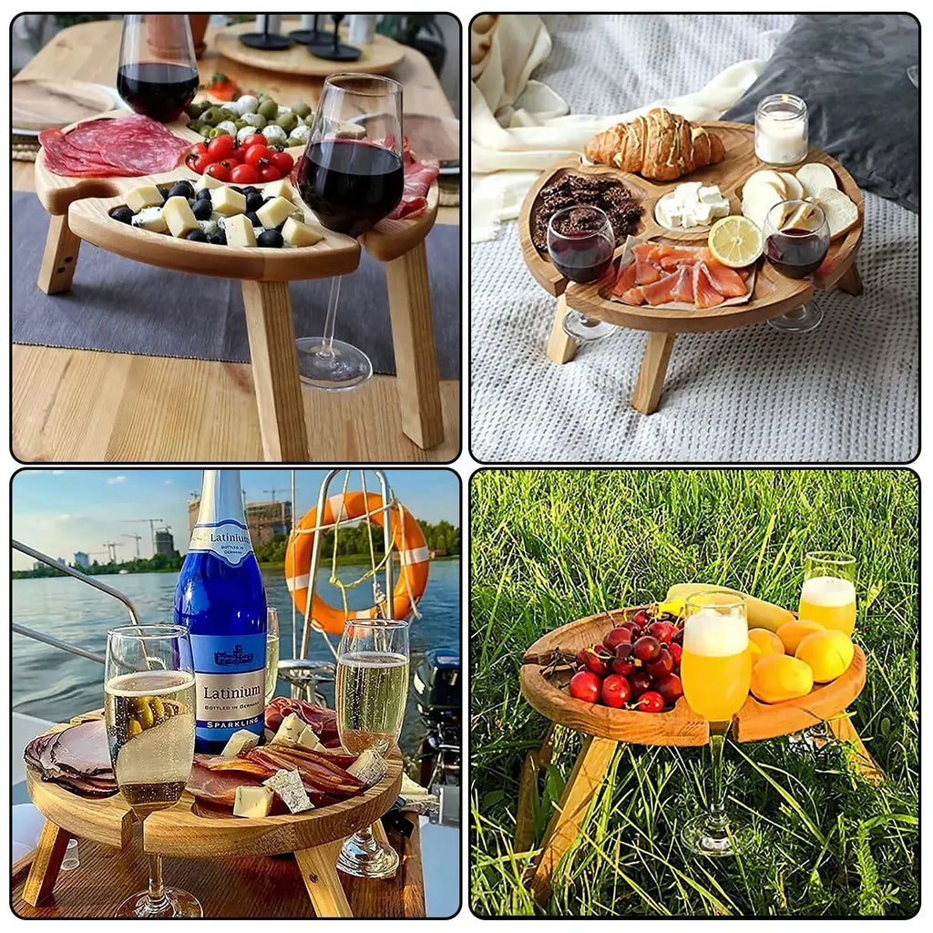 Portable Folding Wooden Picnic Table with Wine Glass Holder, Collapsible Snack Tray & Outdoor Side Table