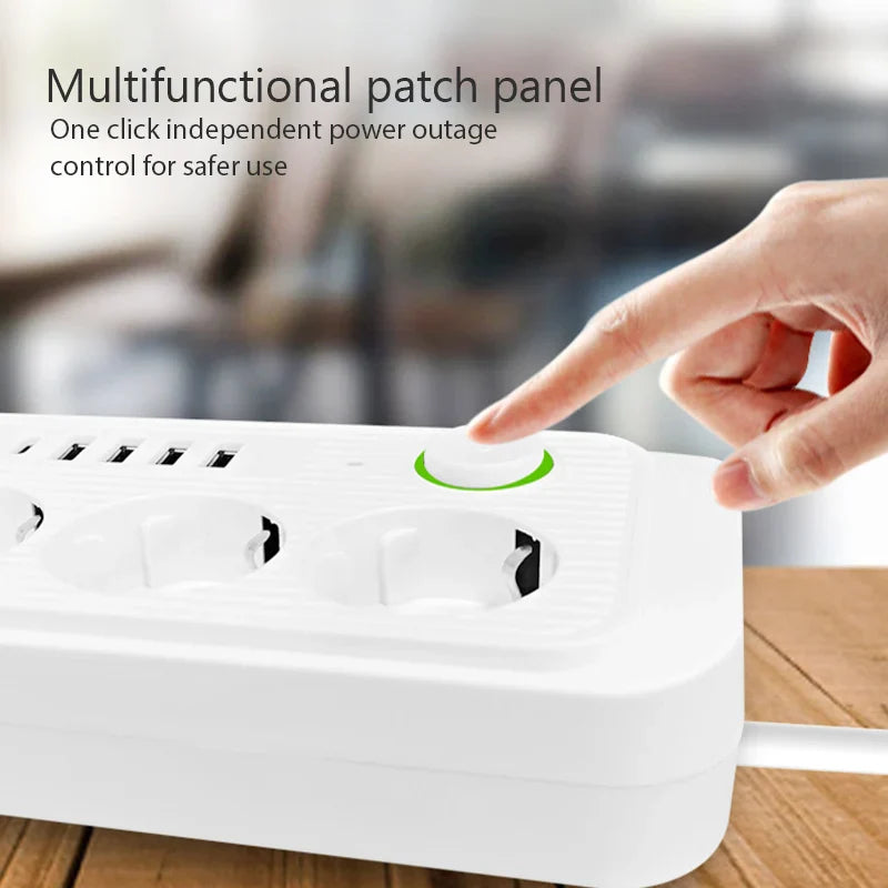 EU Power Strip 8 Outlets, 4 USB Fast Charging Ports, Overload Protection Extension Cord — 2m / 5m