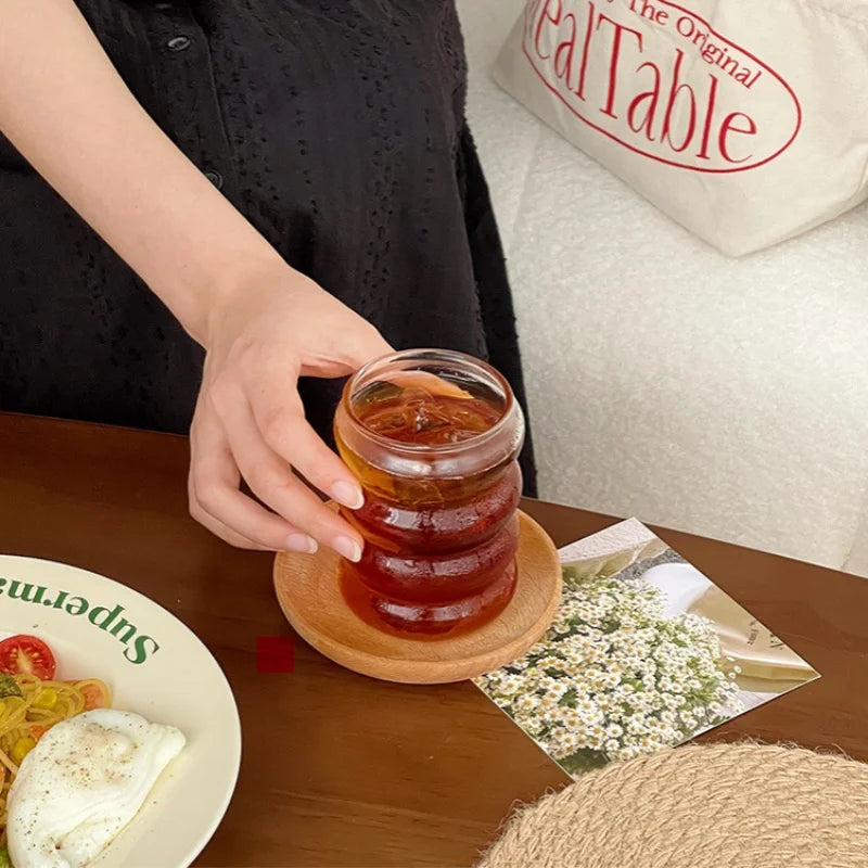 Retro Ribbed Glass Cup – Clear Corrugated Mug for Coffee, Tea & Juice
