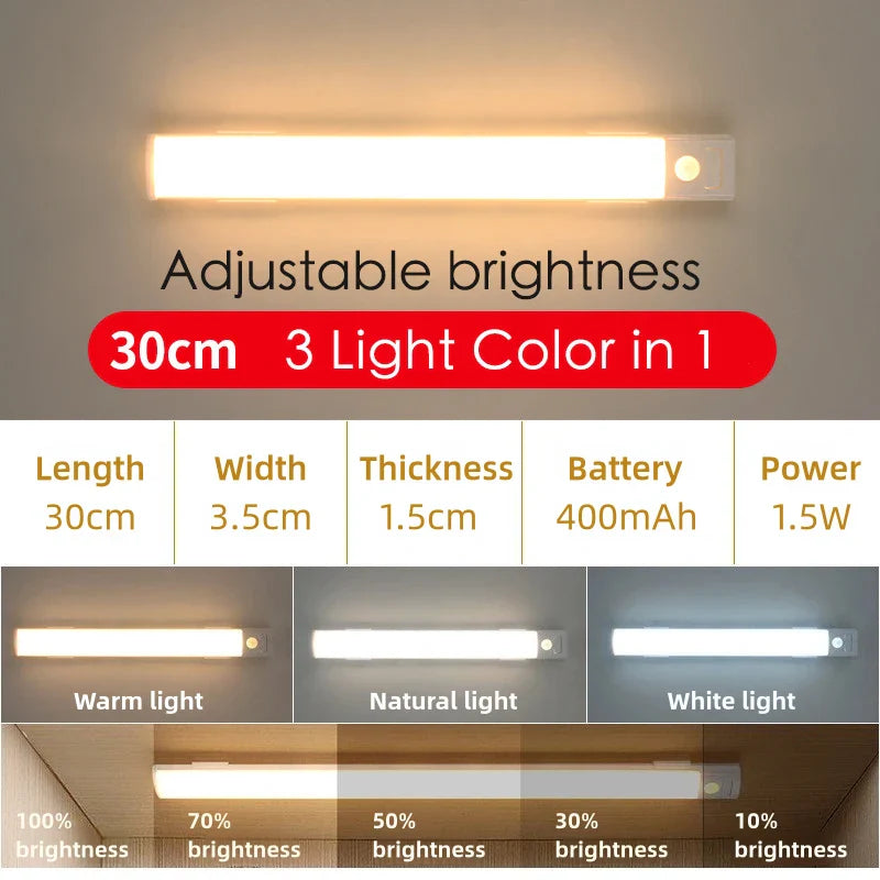 LED Motion Sensor Under-Cabinet Light - USB-C Rechargeable Wireless Night Lamp (10/20/30/40 cm | 4/8/12/16 in)