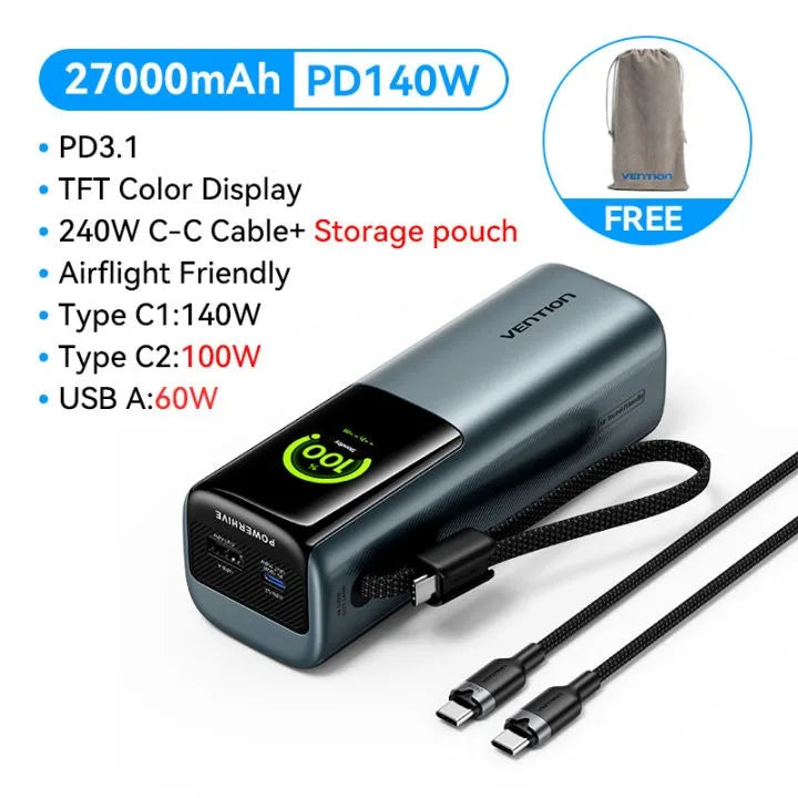 200W 27000mAh Power Bank PD Fast Charger with Built-in USB-C Cable - Portable Laptop External Battery (USB-A/USB-C)