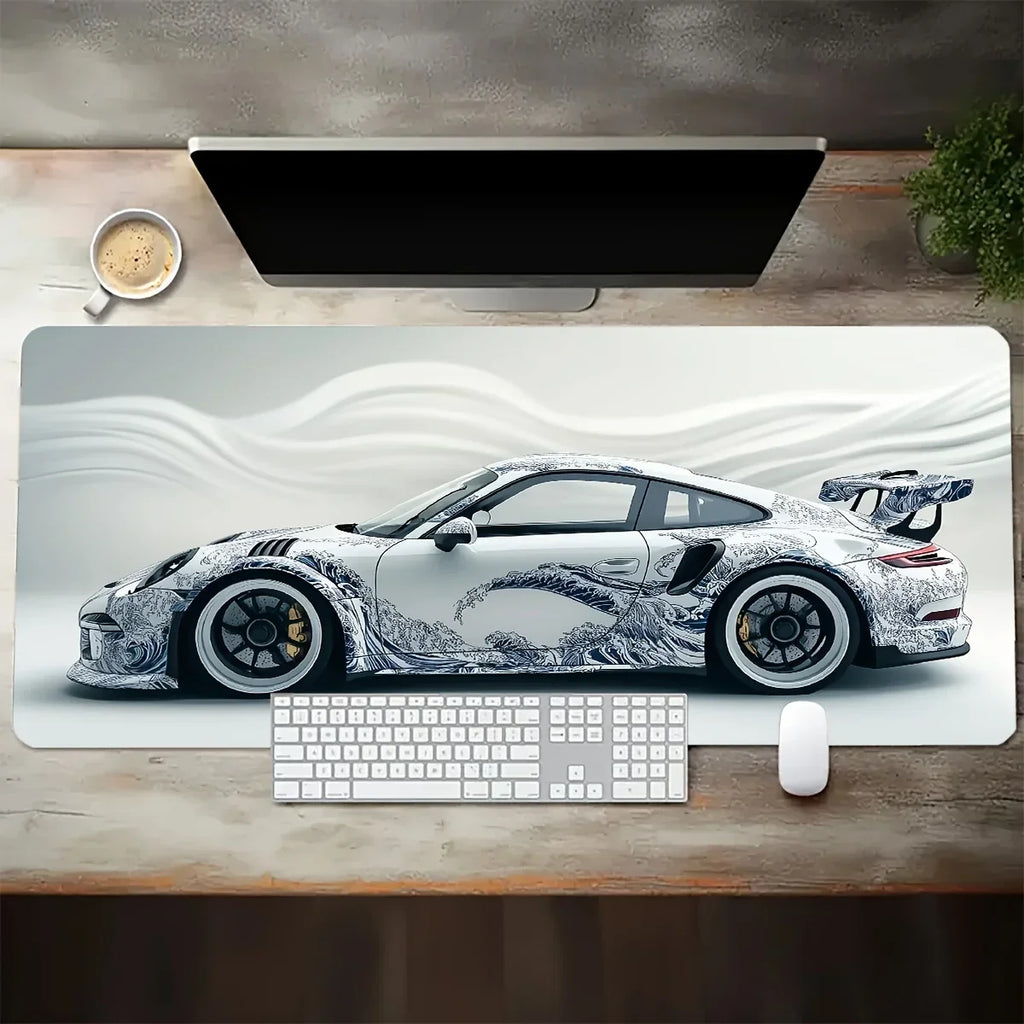 Large Extended Gaming Mouse Pad – White Sports Car Design, Anti-Slip Rubber Base Desk Mat for Gamers & Office