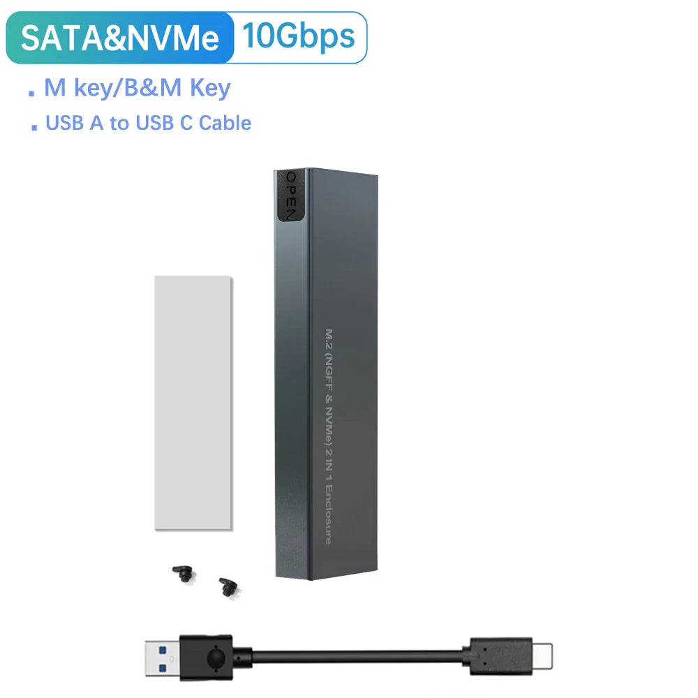 Dual-Protocol M.2 NVMe/SATA SSD Enclosure – USB 3.1 Gen2 10Gbps, Supports 2230/2242/2260/2280 (Type-C to C/A)