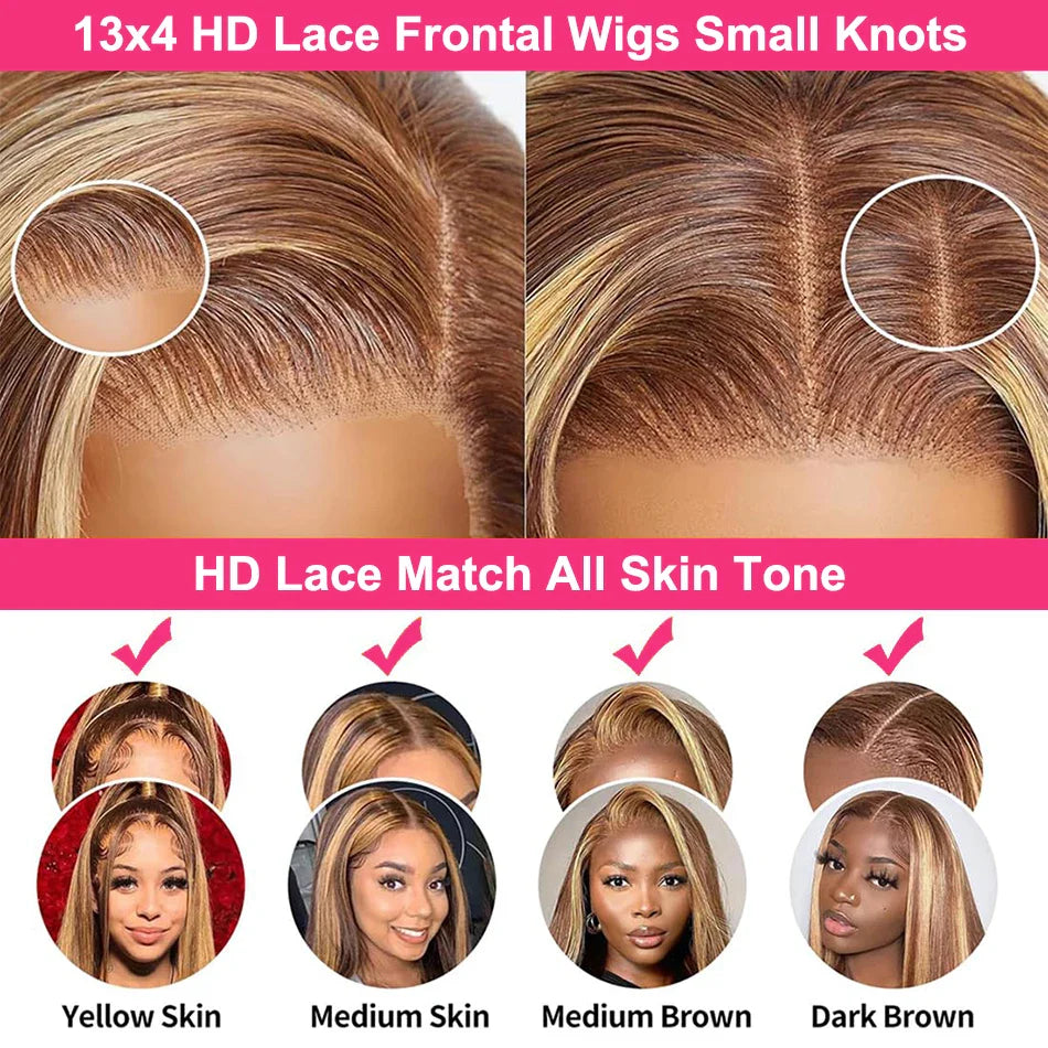 13x4 HD Highlight Ombre Bone Straight Wigs Human Hair P4/27 Blonde Ombre Lace Frontal Wig Colored Human Hair Wig For Women