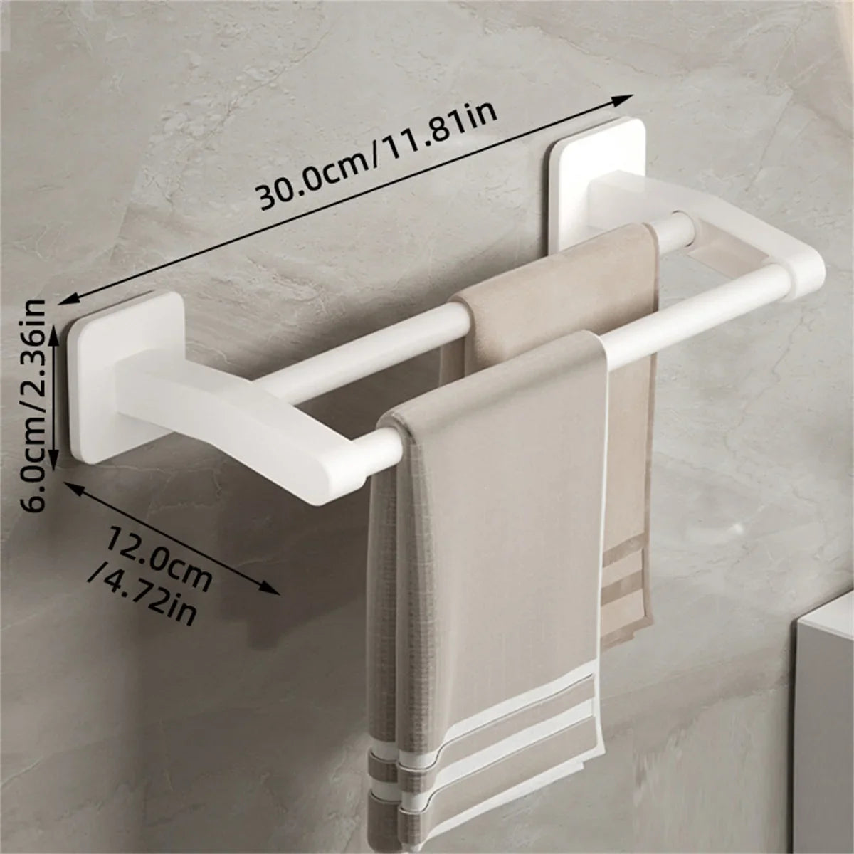 Self-Adhesive Double Towel Bar No-Drill Bathroom Towel Rack White/Gray