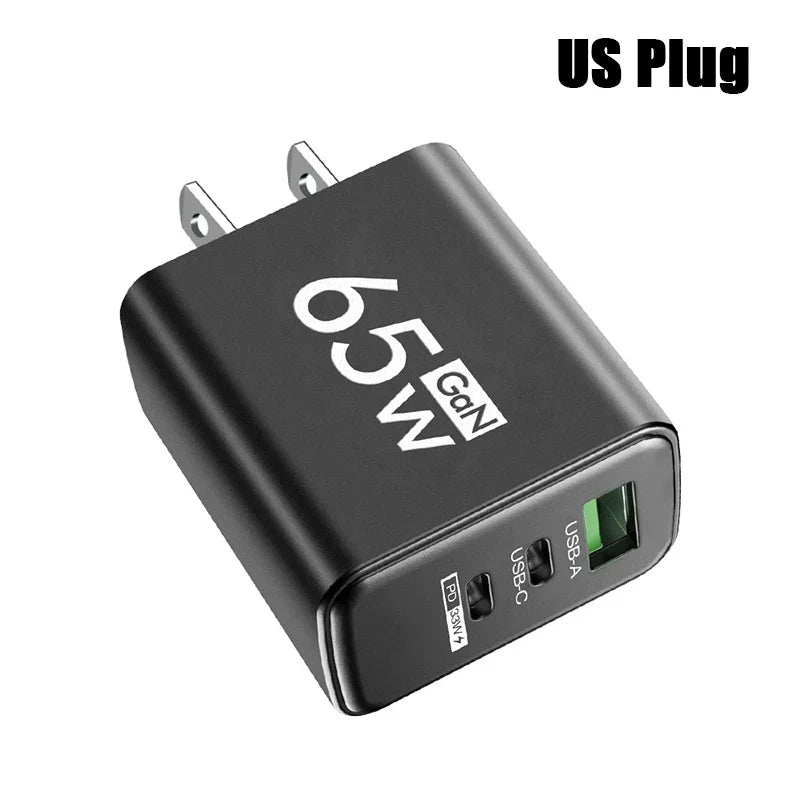 GaN 65W Fast USB-C PD Charger 2x USB-C + USB-A Quick Charge Wall Adapter EU/KR Plug