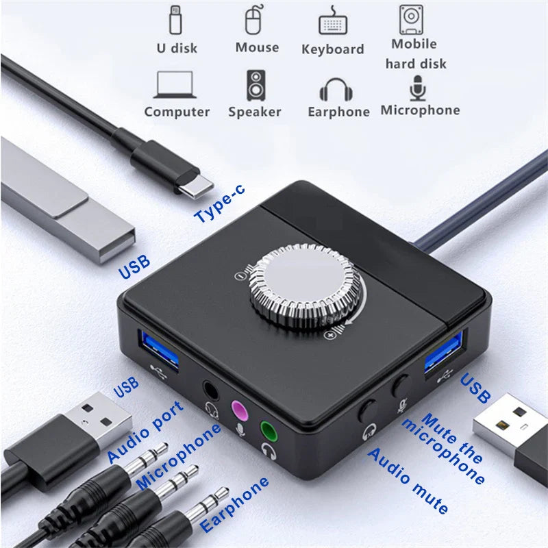 USB External Sound Card with 3-Port USB Hub – Plug-and-Play Audio Adapter for Headset & Microphone, 15Hz–25kHz