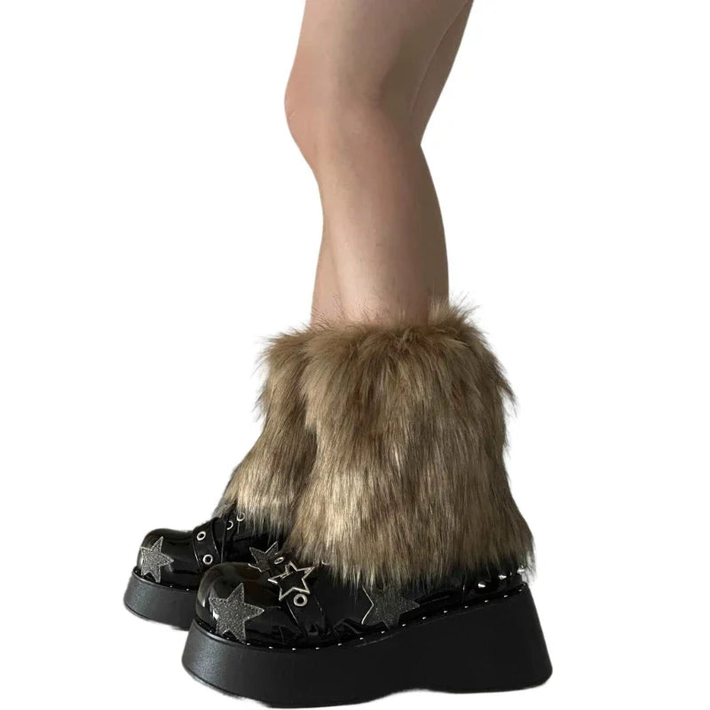Faux Fur Leg Warmers Knee-High Boot Covers – Plush Y2K Goth Punk Warm Socks