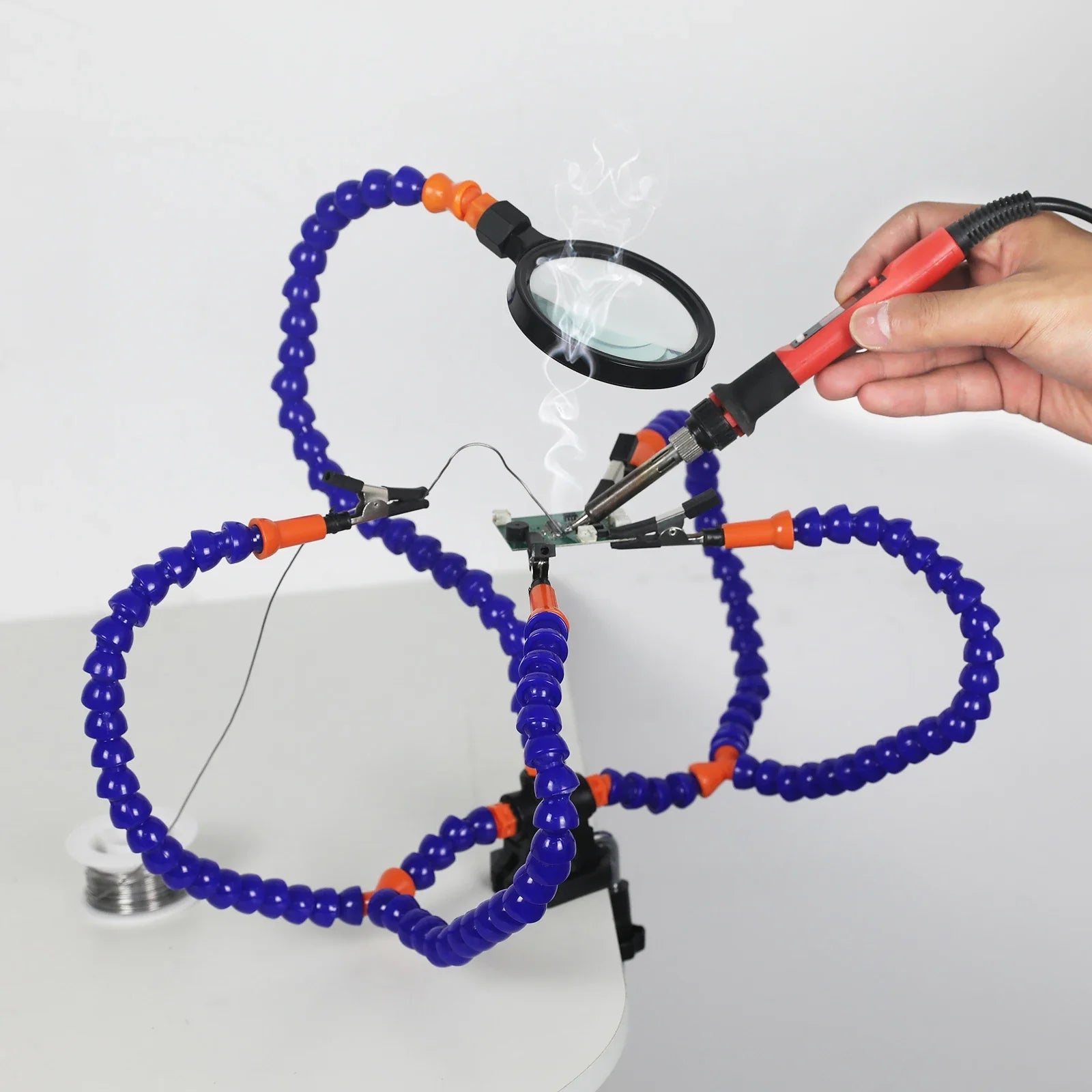 3X (55mm) Magnifier Soldering Helping Hands with PCB Holder and 5 Flexible Arms, Desk Clamp Station