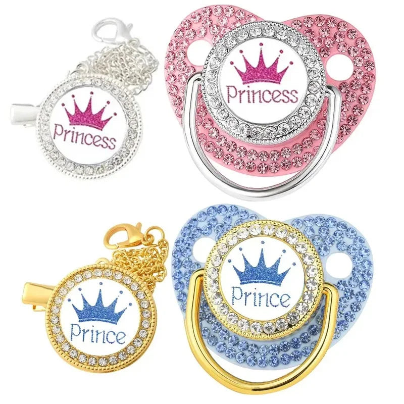 Rhinestone Pacifier Clip with Lid Silicone Newborn Pacifier Holder Princess Crown Bling Infant Shower Gift