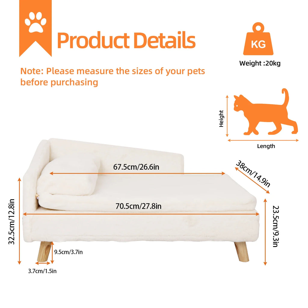 Elevated Nordic Pet Sofa Bed for Small Dogs & Kittens – Waterproof Plush Liner, Sturdy Wood Legs, Small & Large (27.5×15.7×15.3 in / 70×40×39 cm, 31.4×19.6×15.3 in / 80×50×39 cm)