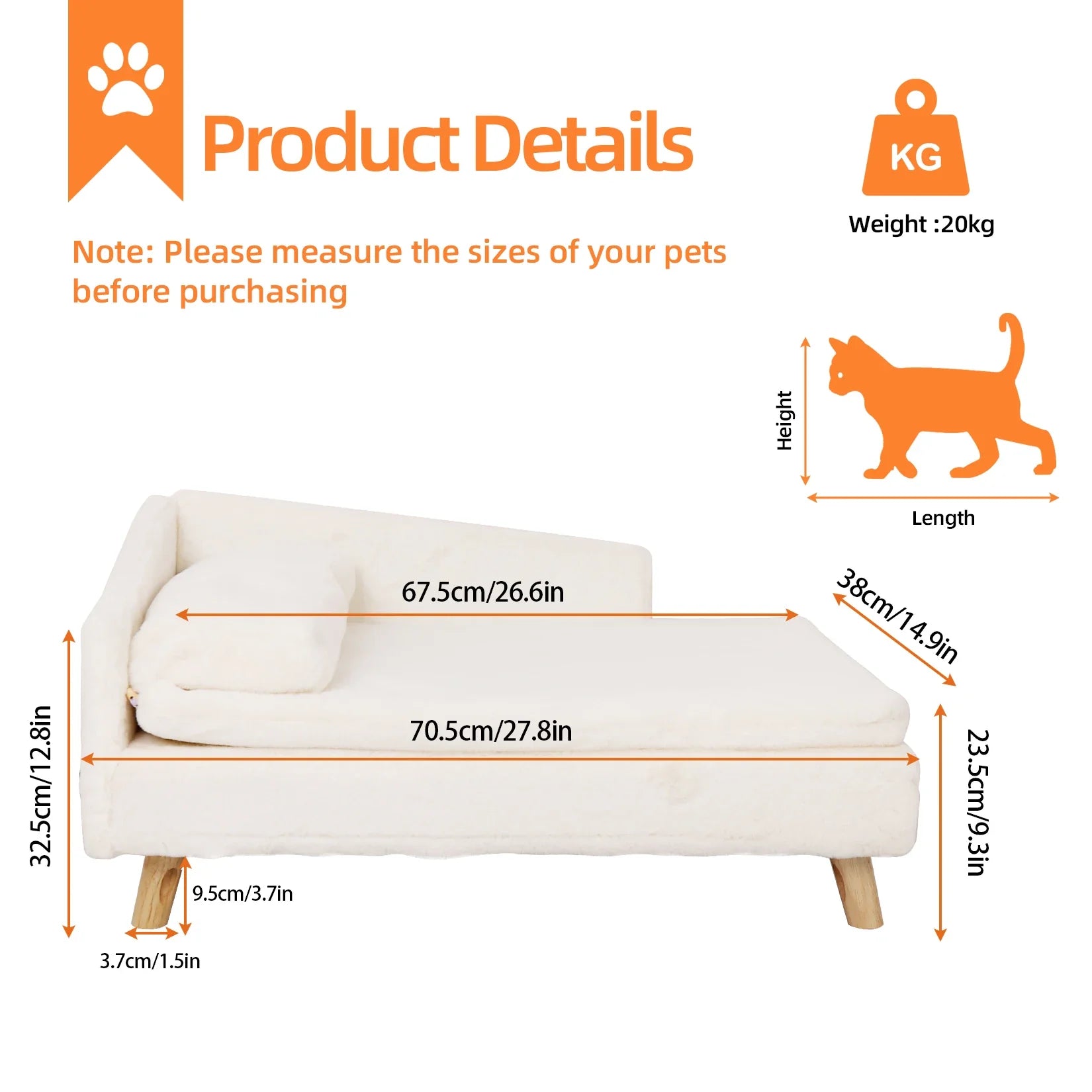 Elevated Nordic Pet Sofa Bed for Small Dogs & Kittens – Waterproof Plush Liner, Sturdy Wood Legs, Small & Large (27.5×15.7×15.3 in / 70×40×39 cm, 31.4×19.6×15.3 in / 80×50×39 cm)