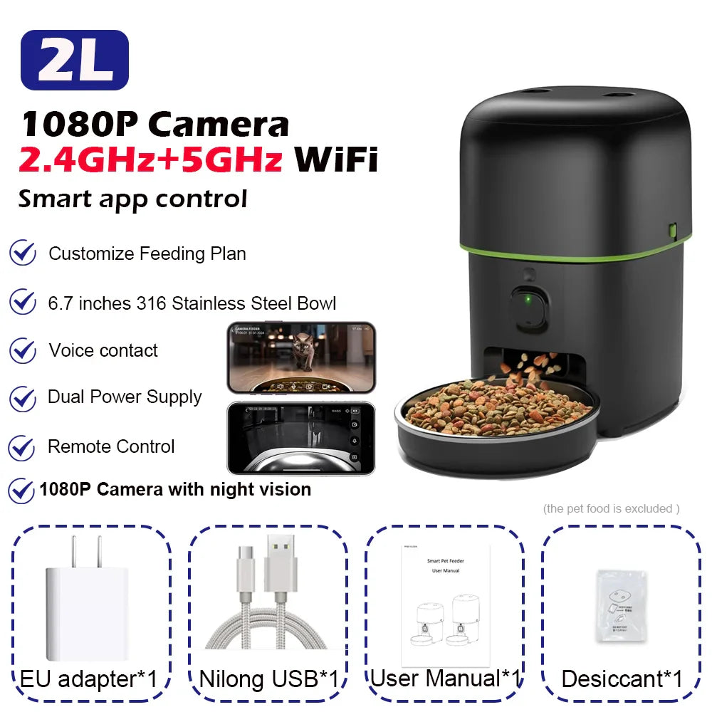 Smart Pet Feeder with 1080P Camera — Dual-Band WiFi (2.4/5GHz) App-Controlled Automatic Cat & Dog Kibble Dispenser, Voice Call & Portion Control