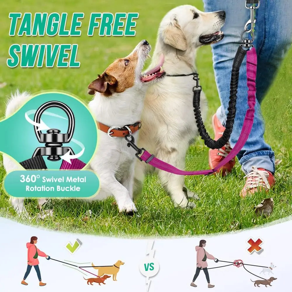 Adjustable Dual Dog Leash Coupler – No-Tangle Shock-Absorbing Bungee Splitter for Two Dogs (16.5–22.4 in / 42–60 cm, Elastic to 31.5 in / 80 cm)