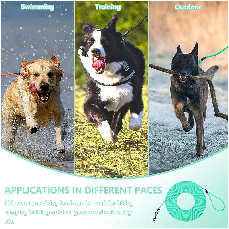Waterproof PVC Dog Training Leash – Long Recall Leash 5ft/1.5m, 10ft/3m, 20ft/6m, 30ft/9m – Odor-Resistant & Tangle-Free