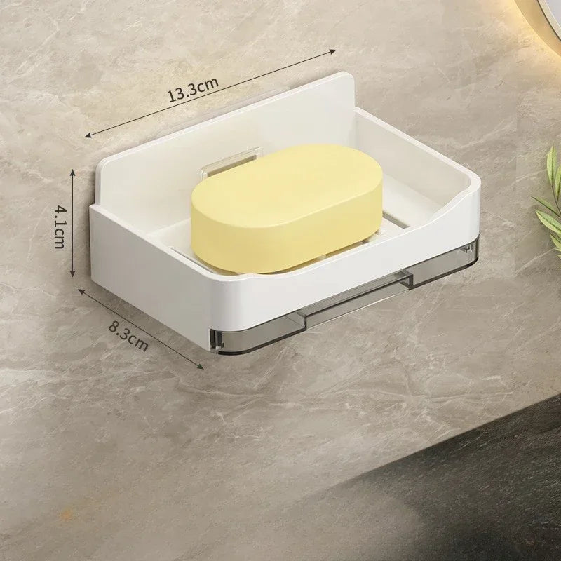 Wall-Mounted Free-Punch Soap & Sponge Holder, Double-Drain Plastic Soap Dish (11.3×8.3×4.1 cm | 4.45×3.27×1.61 in)