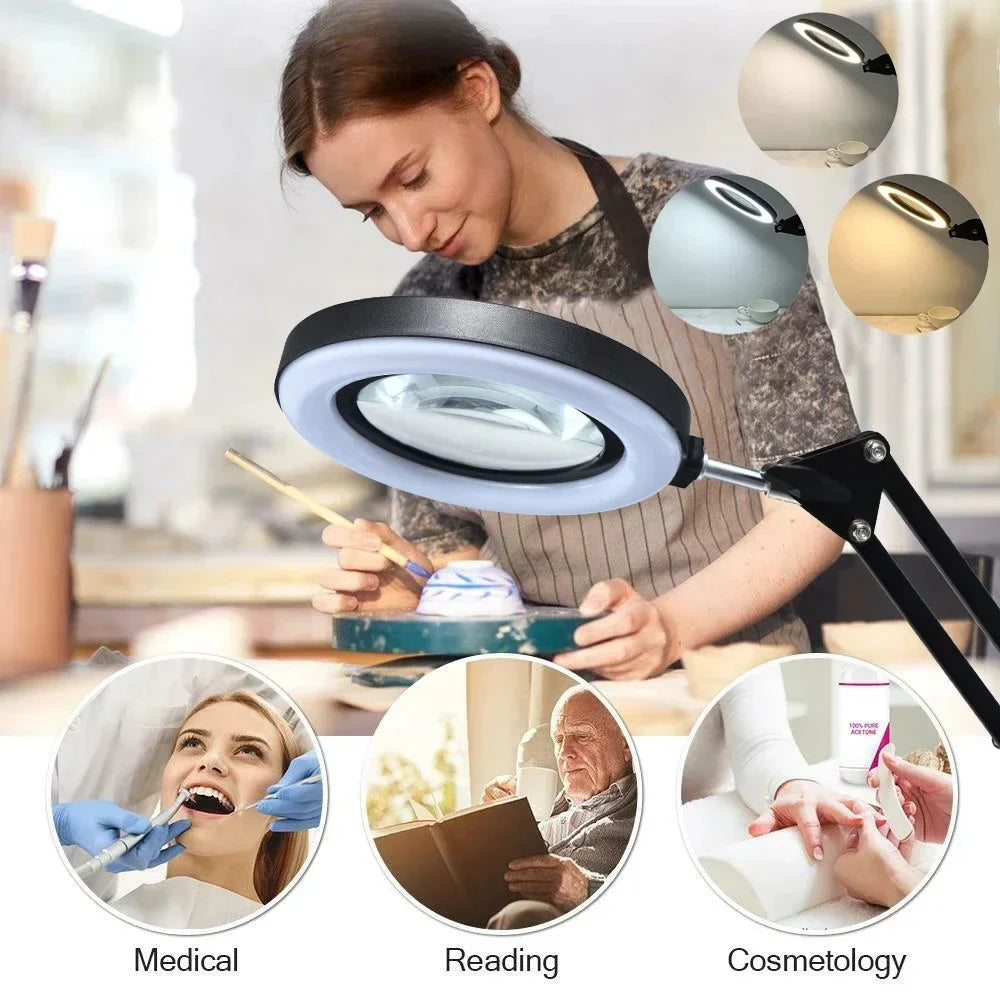 LED Magnifying Lamp 72-LED USB Illuminated Magnifier 8X/10X Adjustable Arm for Soldering, Repair, Crafts & Skincare