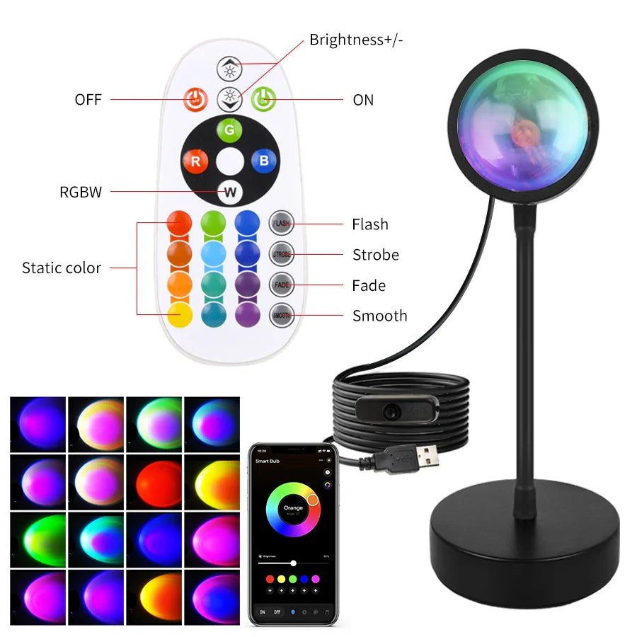 Sunset LED Projection Lamp — USB RGB Night Light, App & Remote Controlled Room Decor for Photography, Parties & Birthdays