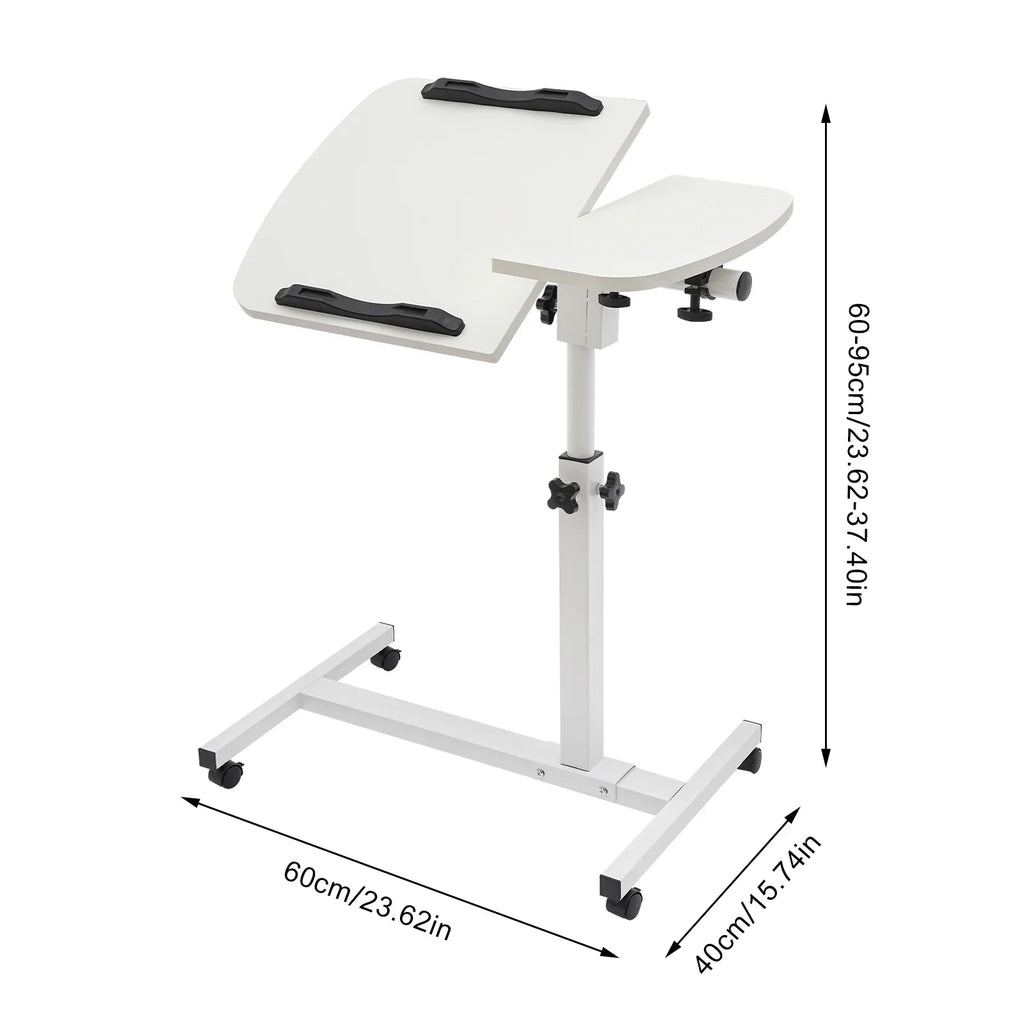 Adjustable White Mobile Laptop Table Stand with Lockable Wheels, Height & 360° Tilt C-Table for Bed Sofa Home Office