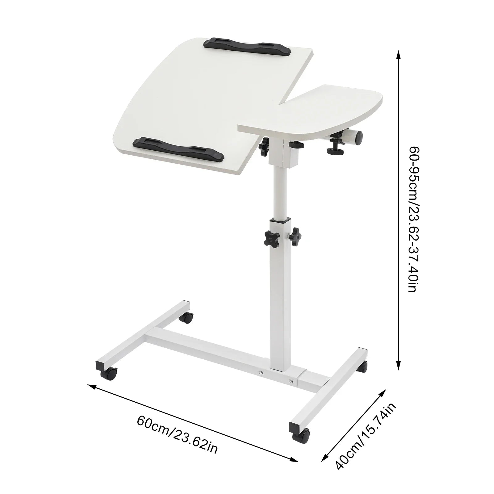 Adjustable White Mobile Laptop Table Stand with Lockable Wheels, Height & 360° Tilt C-Table for Bed Sofa Home Office