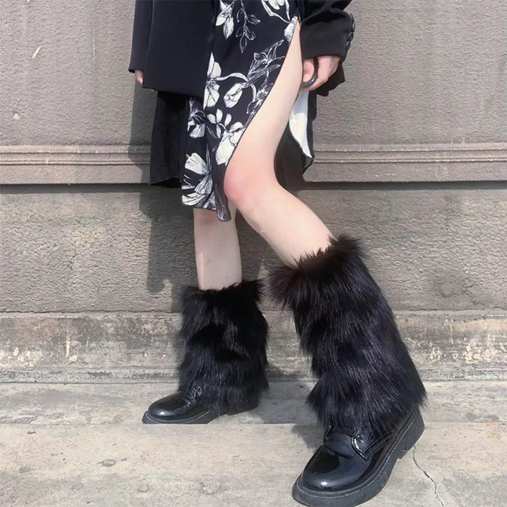 White Faux Fur Leg Warmers Y2K Goth Knee-High Boot Covers