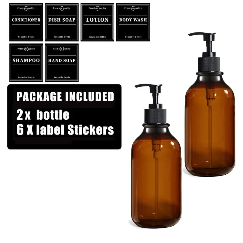 500ml (16.9 fl oz) Amber Refillable Pump Bottle Set with Black Label Stickers - Shampoo, Shower Gel & Liquid Soap Dispensers for Bathroom & Kitchen