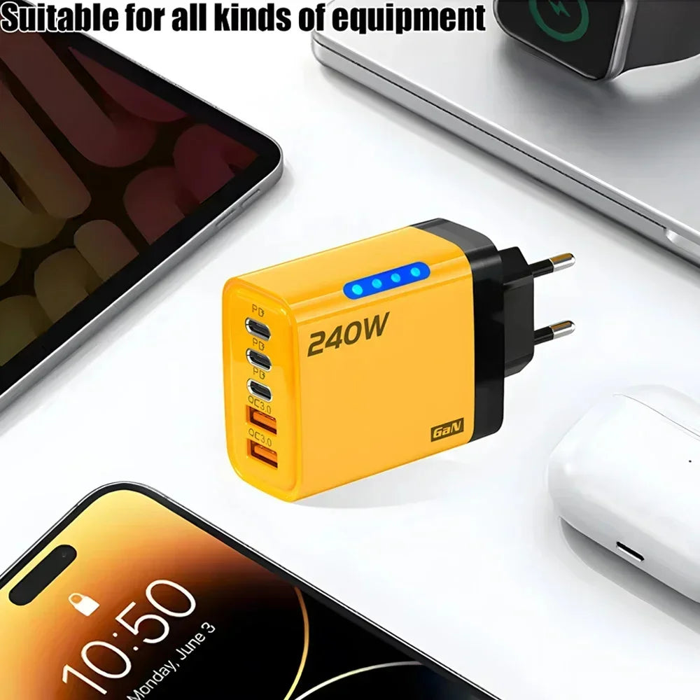 240W 5-Port USB-C PD Fast Charger GaN – Quick Charge 3.0 Adapter (3×Type-C + 2×USB-A)