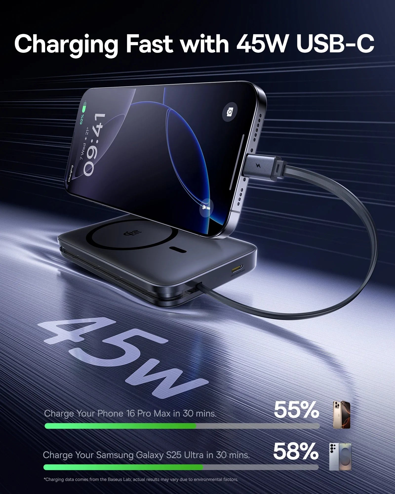10000mAh 45W Magnetic Wireless Power Bank — 25W Qi2.2 MagSafe-Compatible Portable Charger with Built-In USB-C Cable