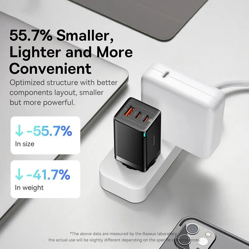 65W GaN Fast Charger – Dual USB-C + USB-A PD Quick Charger with 100W USB-C Cable for Laptop, Phone & Tablet