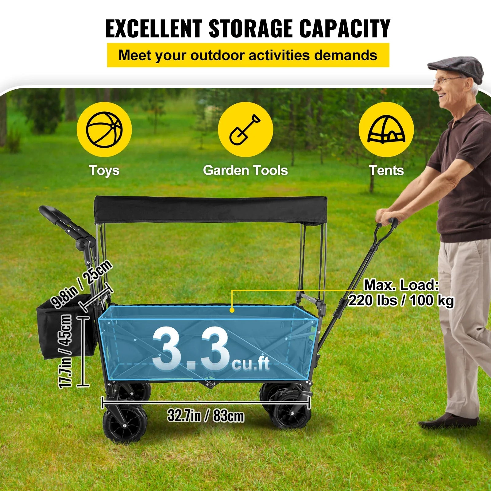 Folding Collapsible Wagon Cart with Adjustable Handle, Removable Canopy — 600D Oxford Utility Beach & Camping Cart