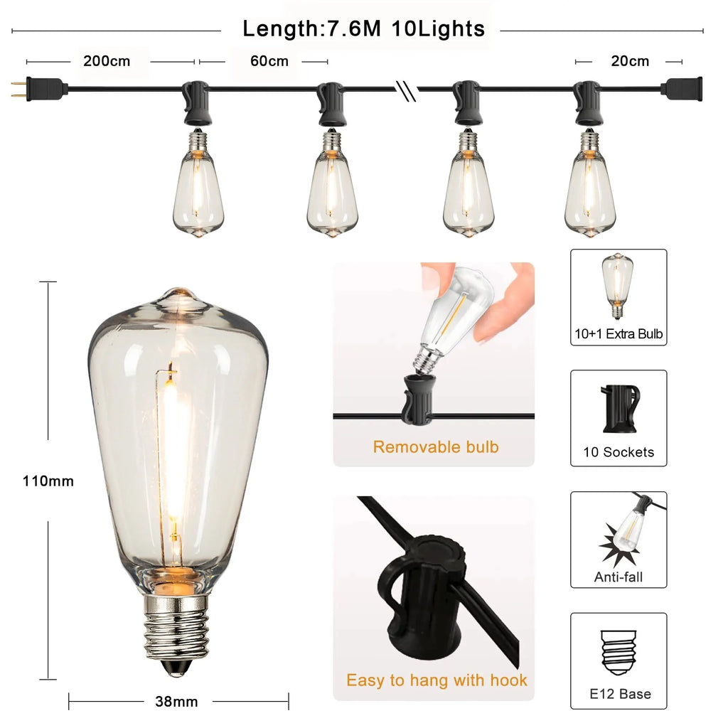 Connectable Waterproof LED String Lights with Shatterproof Water-Drop Bulbs – Dimmable Patio & Garden Garland