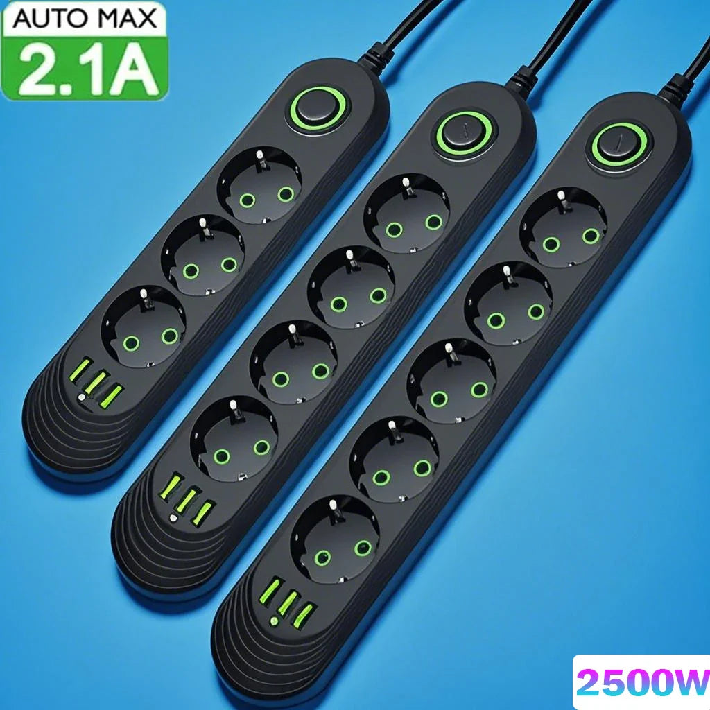 2500W EU Plug Power Strip, 5 Outlets & 3 USB Ports, Overload Protection with Master Switch