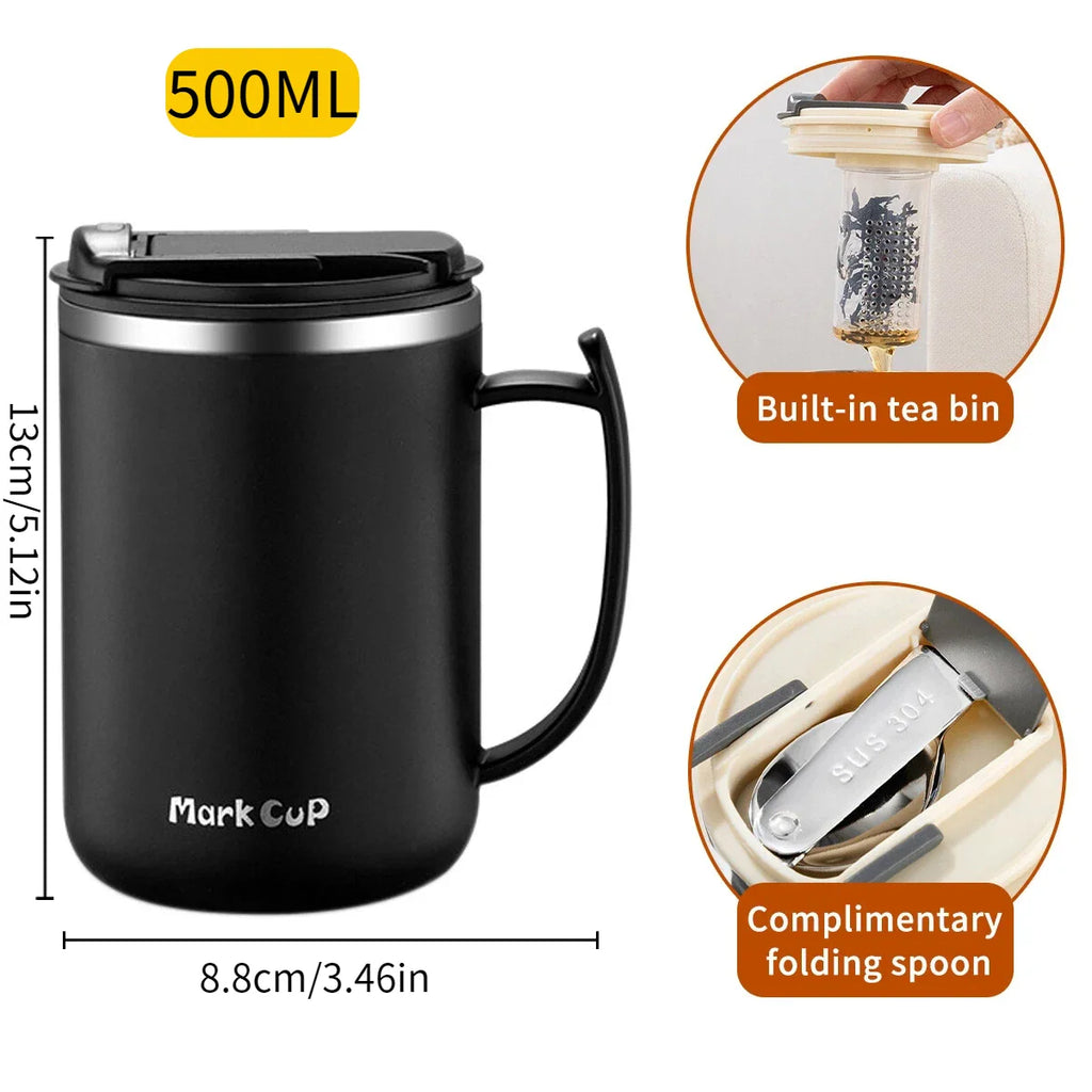500ml (16.9oz) 304 Stainless Steel Double-Layer Insulated Travel Mug with Handle, Sealed Vacuum Flask