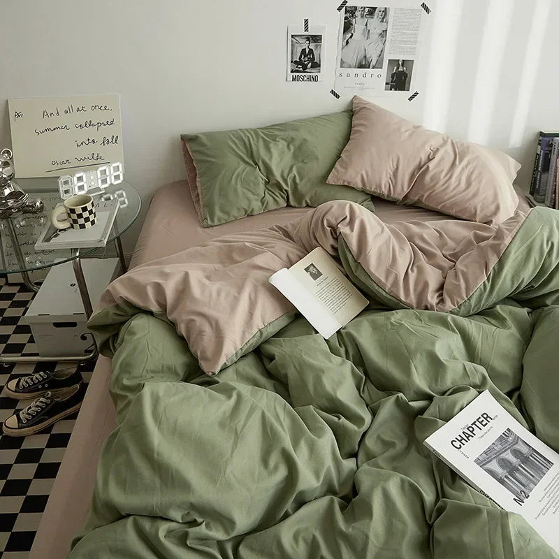 Washed Cotton Solid 4-Piece Bedding Set – 1.5 m (5 ft / 60 in) & 1.8 m (6 ft / 72 in) Duvet Cover, Fitted Sheet & Envelope Pillowcases