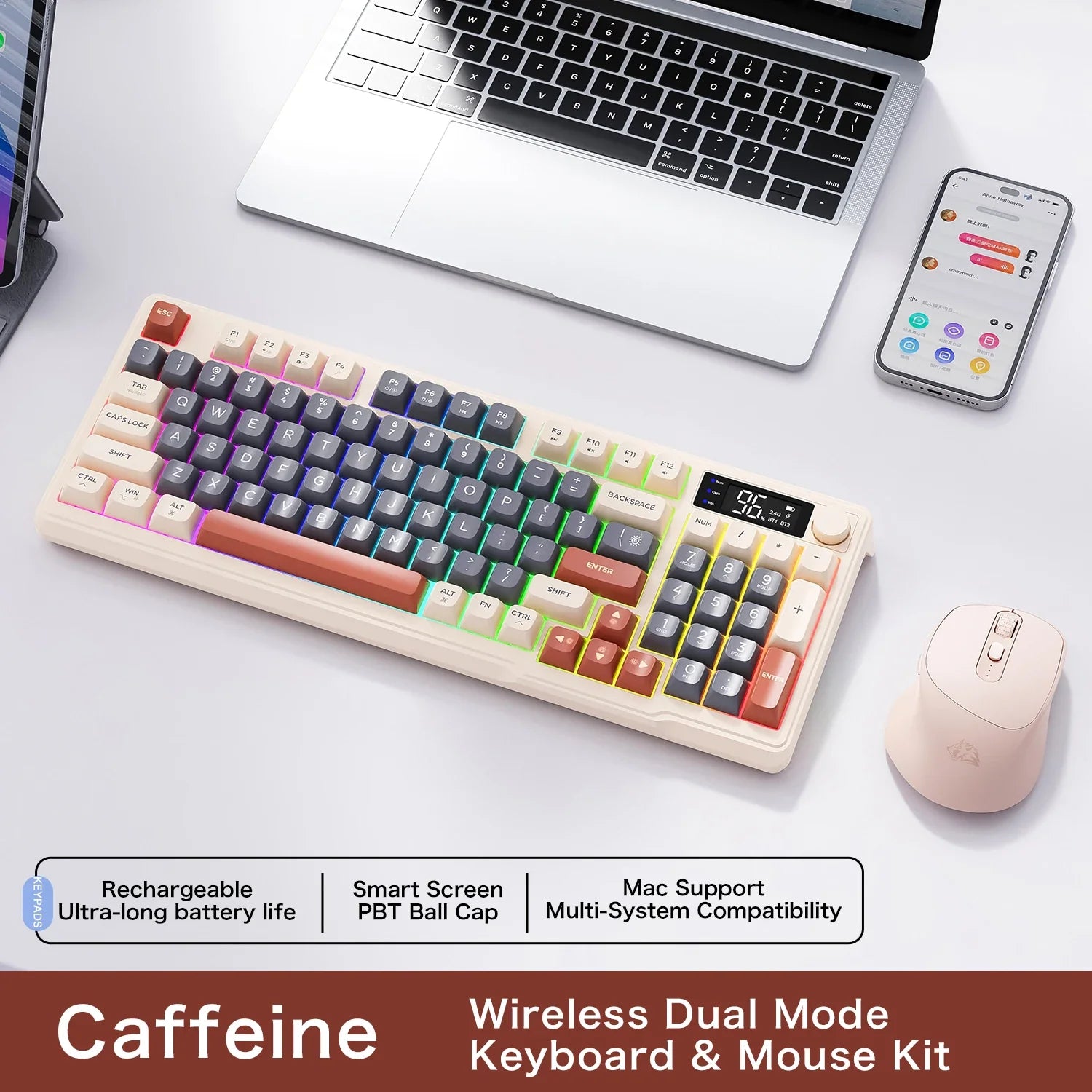 96-Key Wireless Mini Keyboard with Smart Screen - Bluetooth & 2.4GHz Dual-Mode, Multi-Device Linking, Ergonomic RGB Backlit