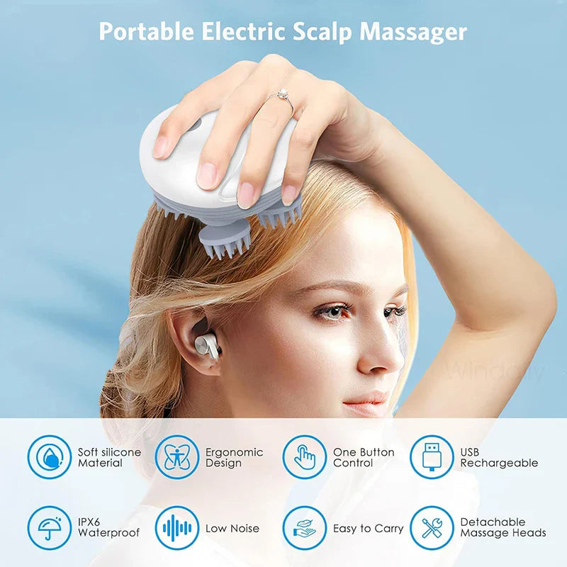 Rechargeable Electric Scalp & Head Massager — Handheld Deep-Kneading 4-Head, IPX6 Waterproof for Hair Growth, Relaxation & Pet Massage