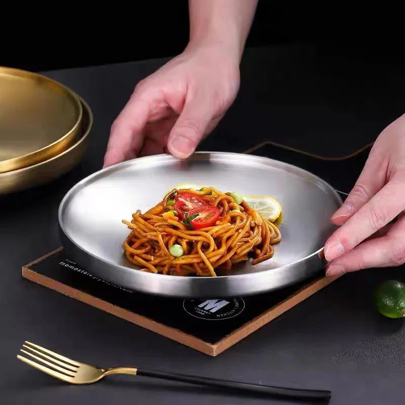 304 Stainless Steel Double-Walled Insulated Round Plate for Dinner, Snacks & Fruit