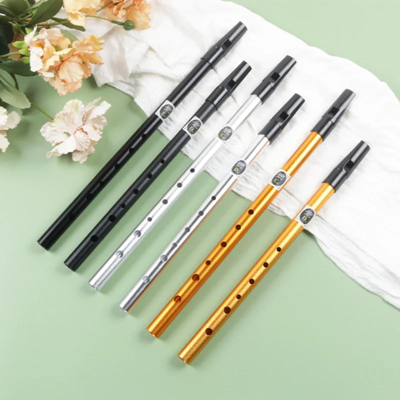 Tin Penny Whistle (C/D Key) 6-Hole Irish Whistle Flute, Alloy & ABS, Includes Music Book and Pouch