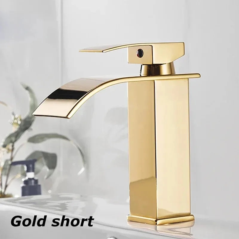 Black Waterfall Bathroom Basin Faucet – Stainless Steel Deck-Mounted High-Low Mixer Tap, Hot & Cold