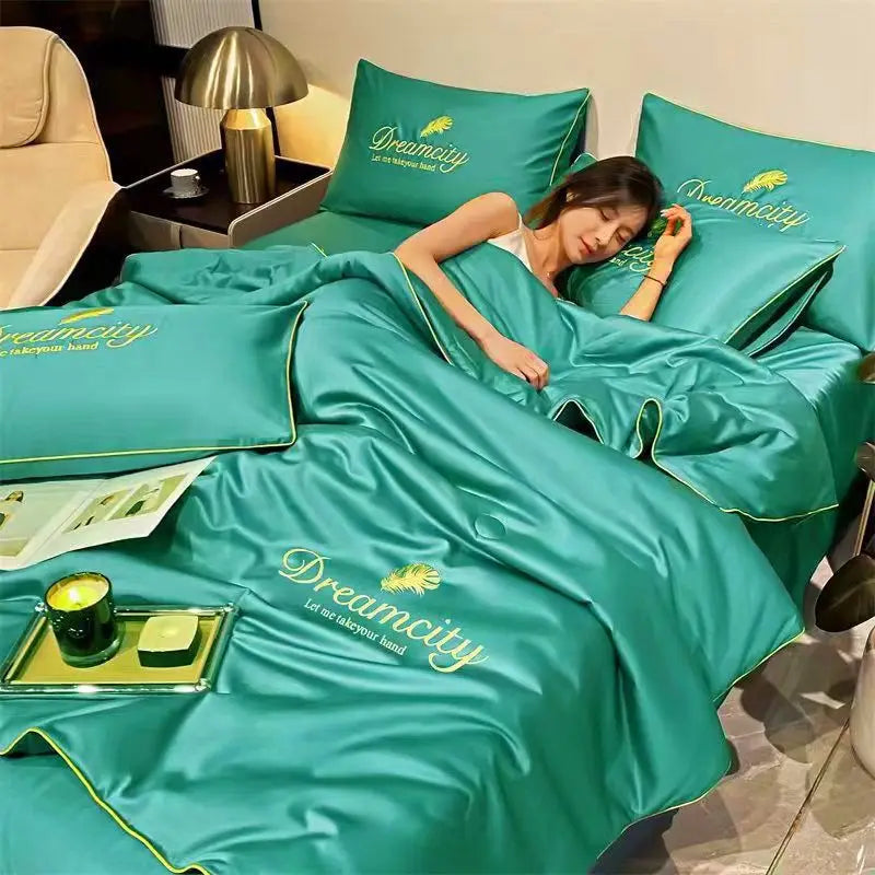 Embroidery Summer Cooling Quilt - Breathable Ice Silk Comforter 4-Piece Bedding Set (Queen 200 x 230 cm / 78.7 x 90.6 in)