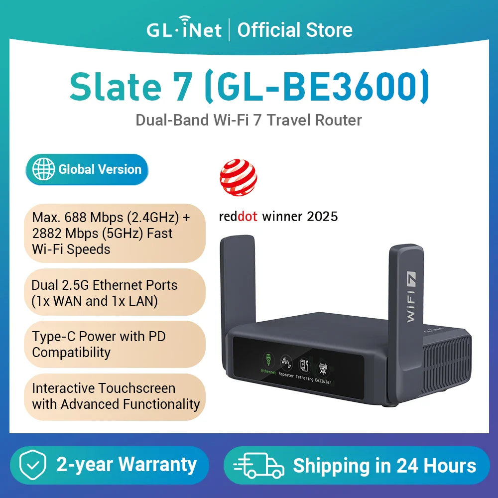 Wi‑Fi 7 Travel Router Touchscreen, Dual 2.5G Ports, Up to 3570 Mbps VPN Gaming Hotspot USB 3.0 Type‑C PD