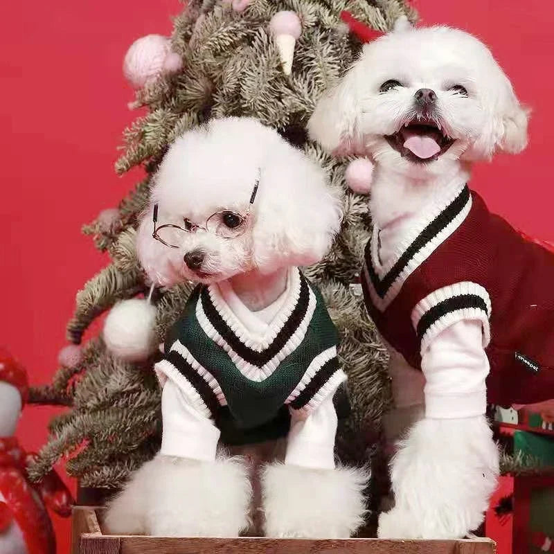 V-Neck Pet Sweater Winter Warm Puppy Vest Knitwear for Small & Medium Dogs & Cats Preppy College Style