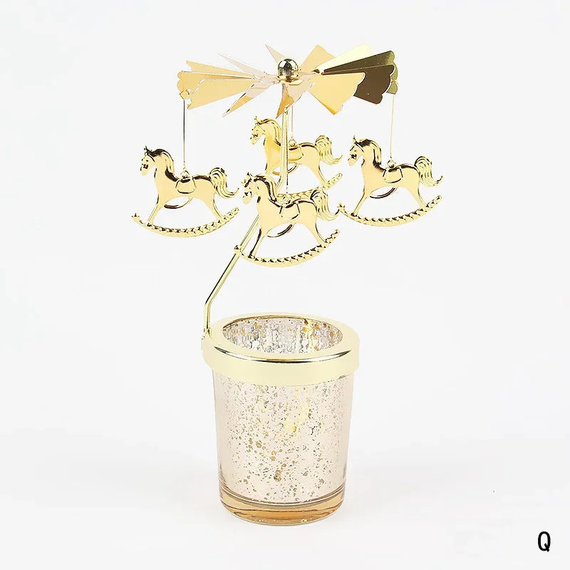 Rotating Tea Light Candle Holder Carousel Stand 6.7x3.1in (17x8cm) Metal Spinning Candlestick Gold Silver Home Party Christmas Decor Gift