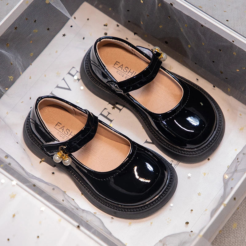 Girls PU Leather Mary Jane Flats with Pearl Pendant – Black Princess Dress Shoes, EU 26-36