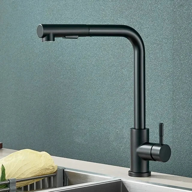 Matte Black Pull-Out Kitchen Faucet – 304 Stainless Steel Single-Handle, 360° Swivel, Ceramic Valve, Stream & Spray