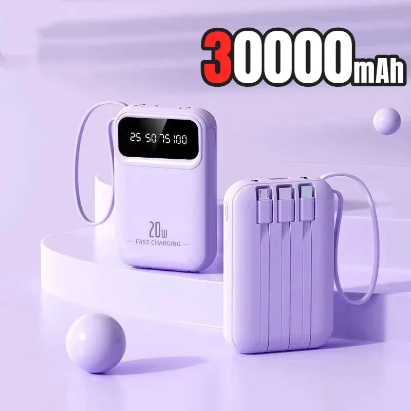 500000mAh Portable Power Bank 20W Fast Charge, Built-In 4 Cables, LED Light & Digital Display