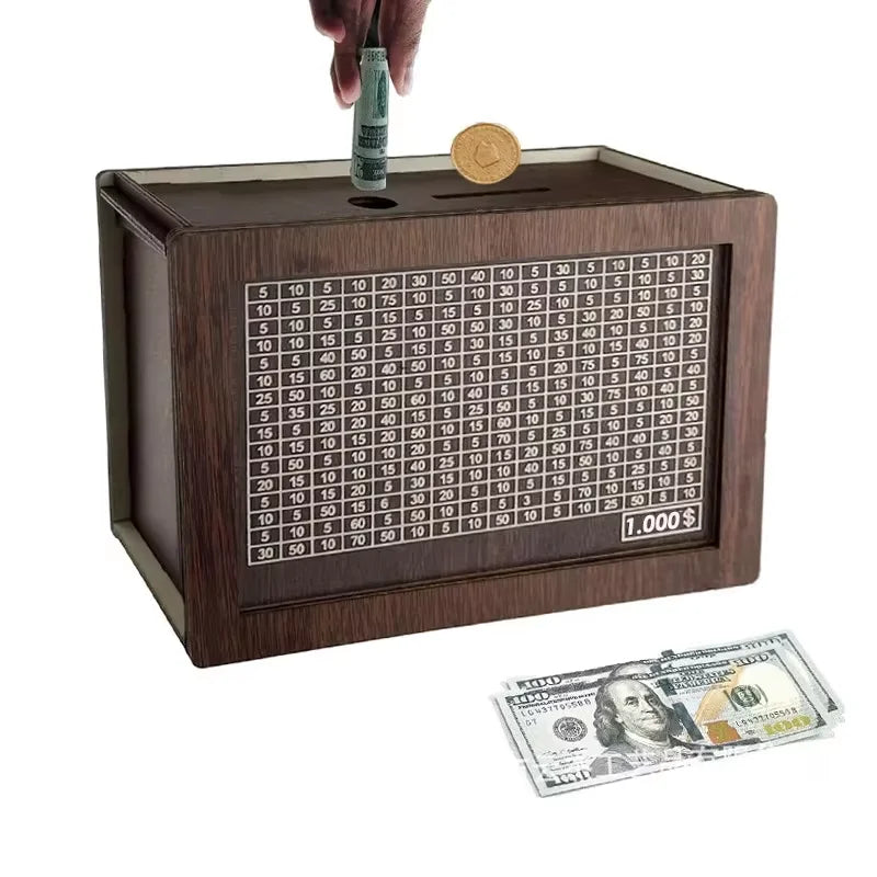 Reusable Wooden Piggy Bank Money Box with Savings Goal and Numbered Slots