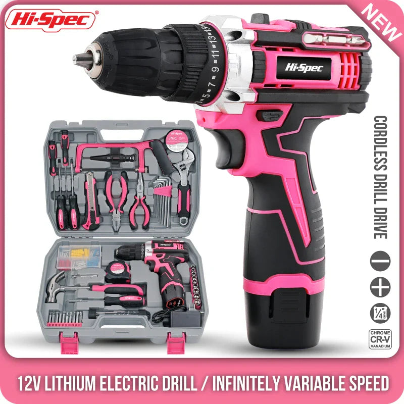 Pink Cordless Electric Screwdriver & Home Repair Tool Kit - Complete Set with Drill Bits, Hammer & Carry Case