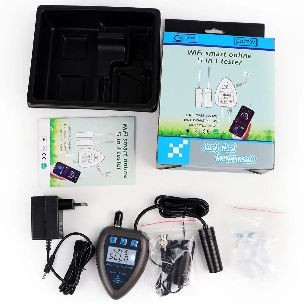 5-in-1 WiFi & Bluetooth Water Quality Monitor — pH, TDS/EC, Salinity, Specific Gravity & Temp for Aquariums, Hydroponics & Aquaculture